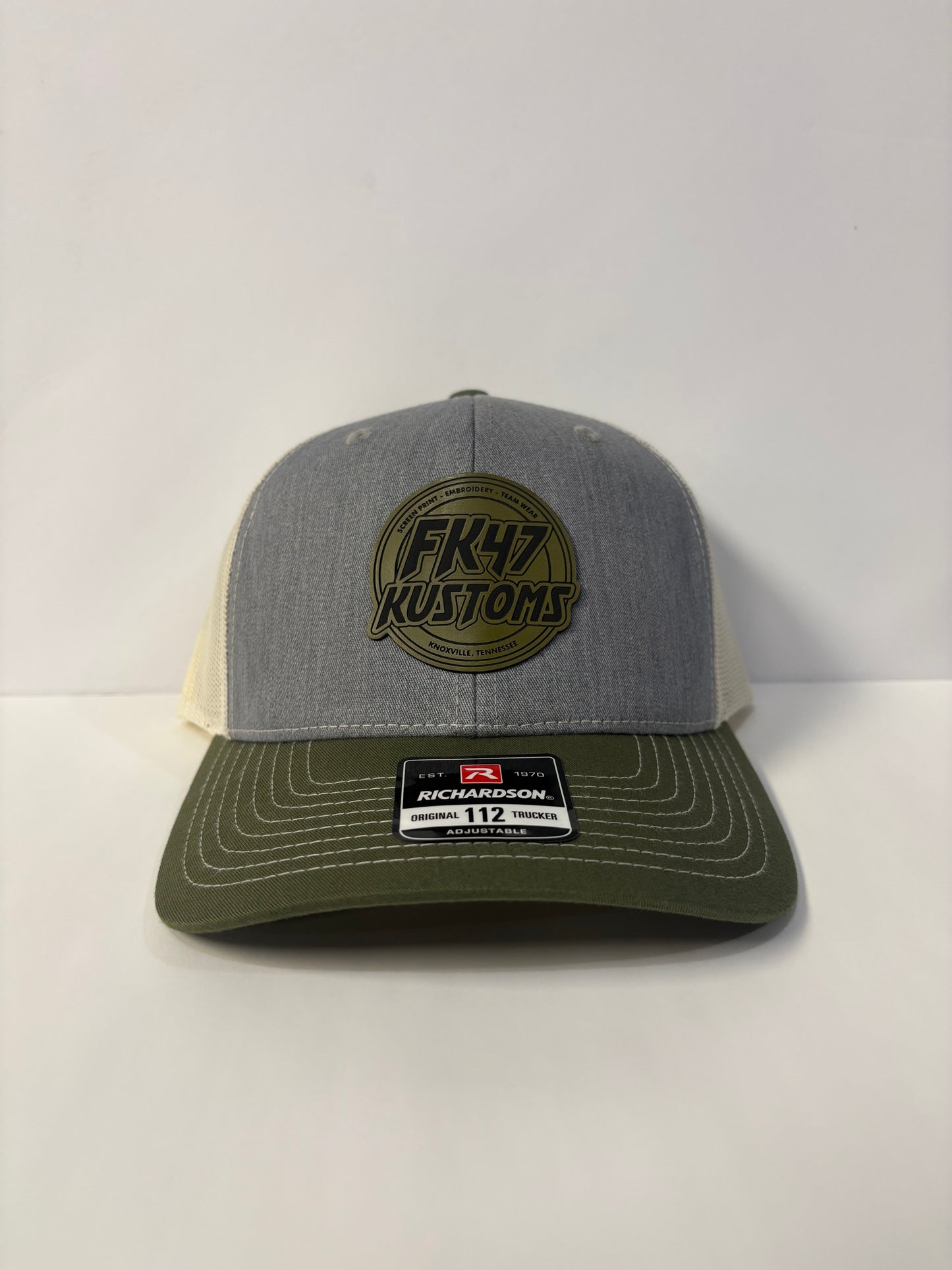 FK47 - Grey/OD Green Leather Patch Trucker Hat