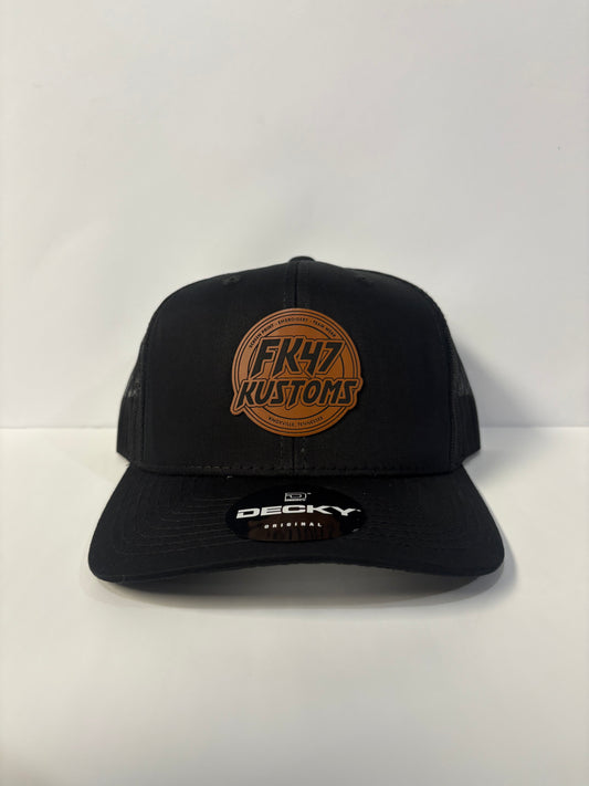 FK47 - Black Leather Patch Trucker Hat